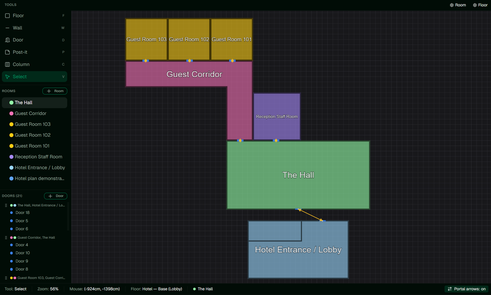 A floor plan with several rooms, each in a different shape.