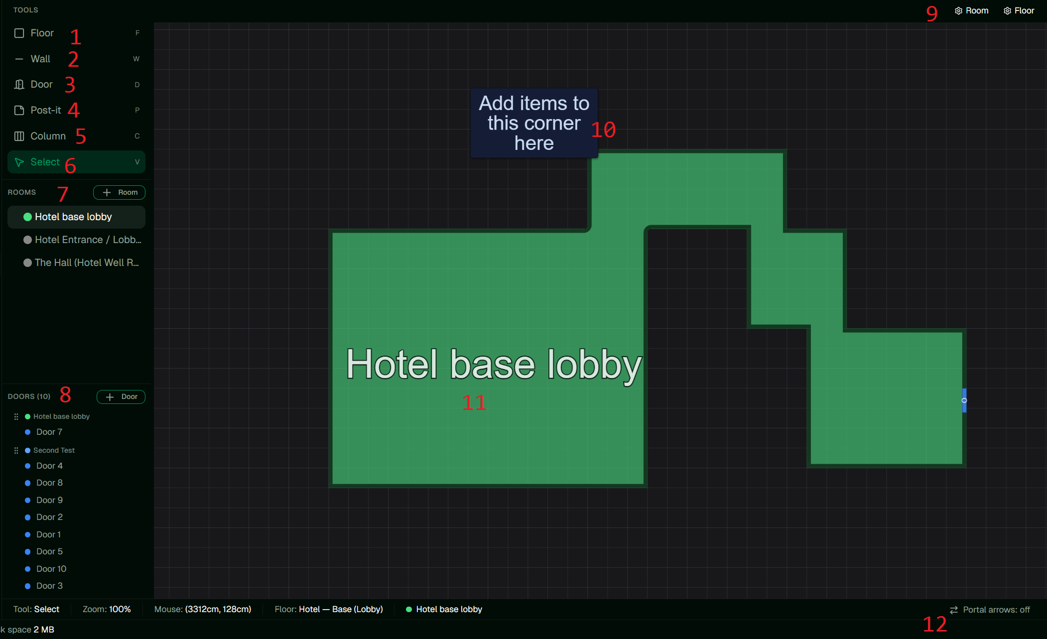 The Room Editor canvas with the surrounding toolbar, numbered for reference.