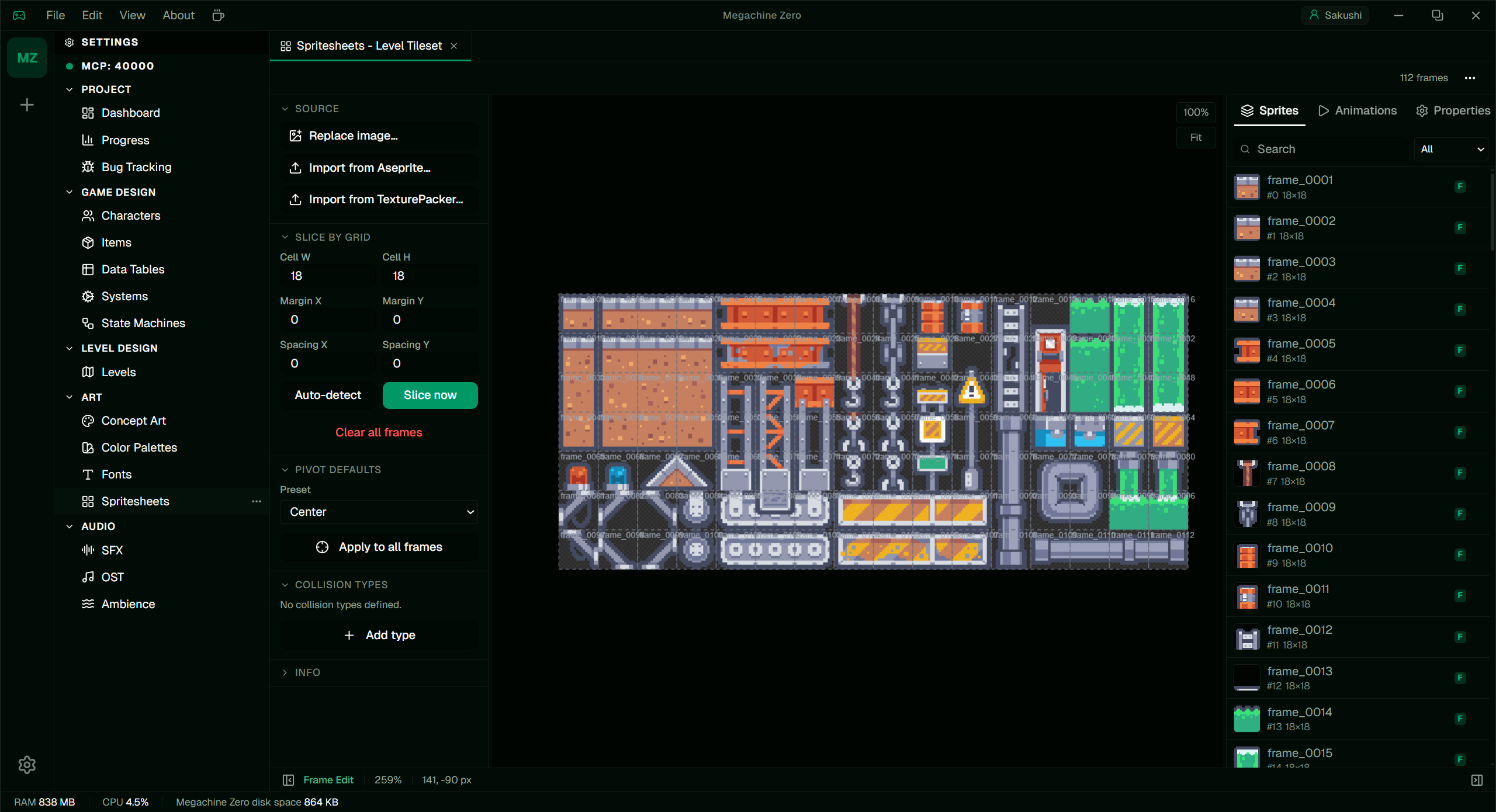 Sophia Forge desktop app with a pixel-art spritesheet open in the spritesheet editor.