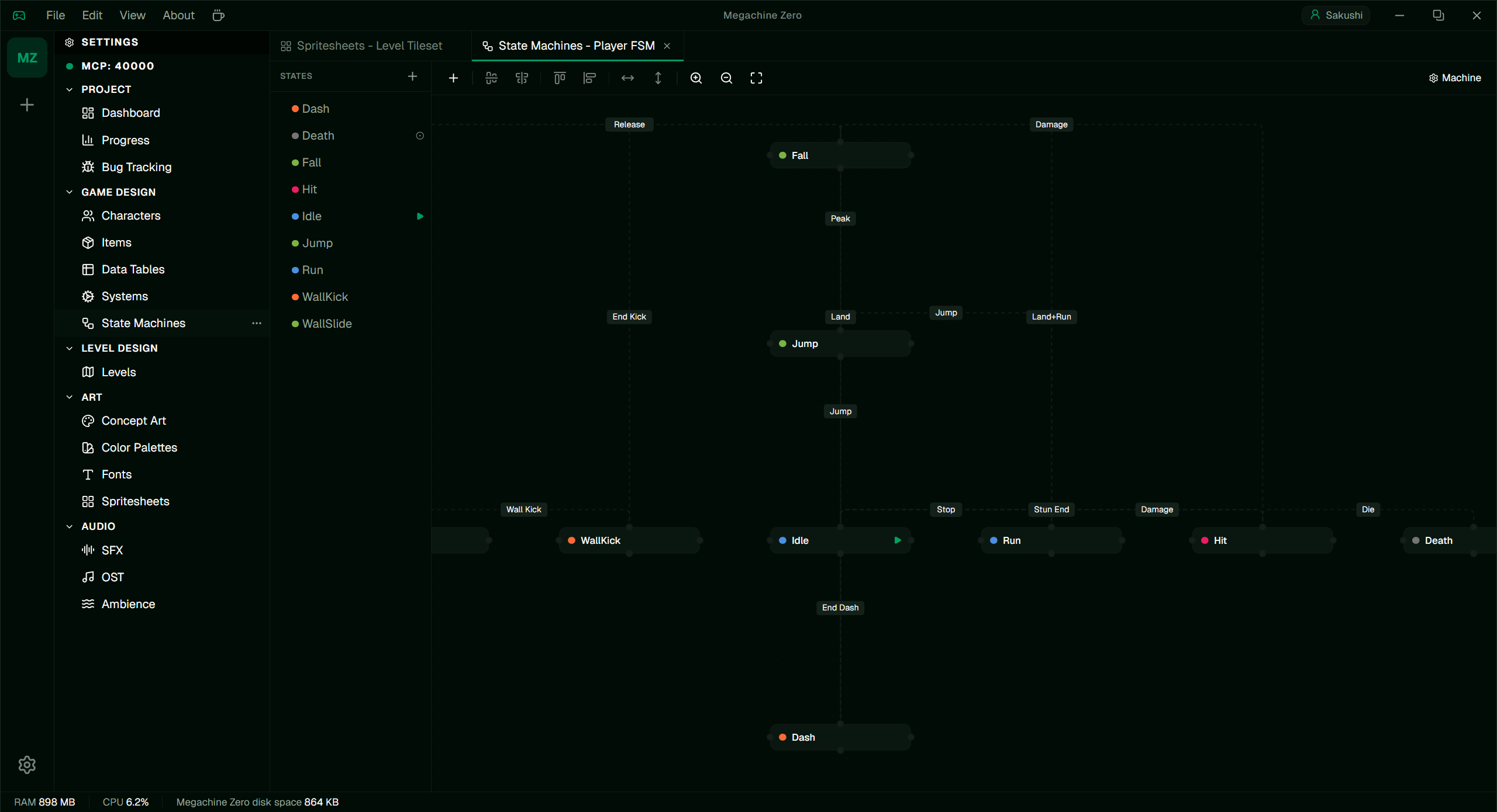 A player finite state machine in Sophia Forge, with Idle, Run, Hit, Jump, Dash, and Death states connected by labeled transitions.